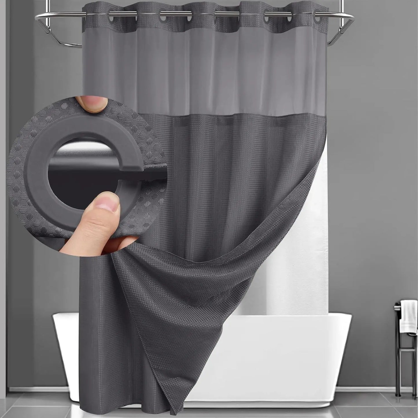 No-Hook Waffle Weave Shower Curtain with Snap-In Liner, Waterproof Double-Layer Shower Curtain with Washable Liner, 72 x 75 Inch, Easy to Install