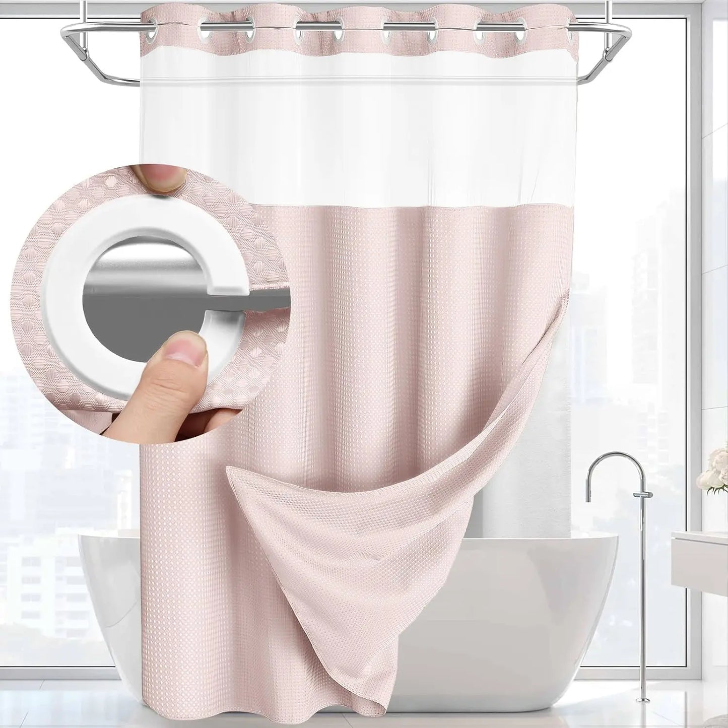 No-Hook Waffle Weave Shower Curtain with Snap-In Liner, Waterproof Double-Layer Shower Curtain with Washable Liner, 72 x 75 Inch, Easy to Install